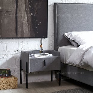 意式极简布艺床头柜轻奢碳素不锈钢床边收纳储物北欧卧室边几随床