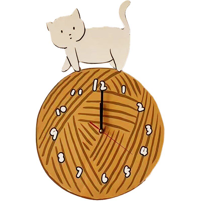 可爱小猫线团挂钟简约挂钟原木风时钟挂表 网红挂钟奶油风挂钟表