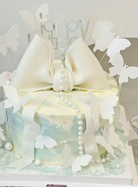 网红白色翻糖蝴蝶结成品蛋糕装饰女生生日唯美高级甜品礼物装扮
