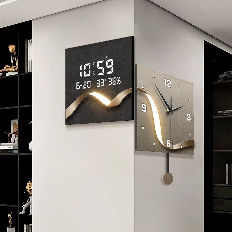 简约大气客厅转角时钟创意双面挂钟拐角挂墙2024新款万年历电子钟,家居饰品,钟表画/挂钟画,淘宝优惠券,粉丝福利购,淘宝优惠卷