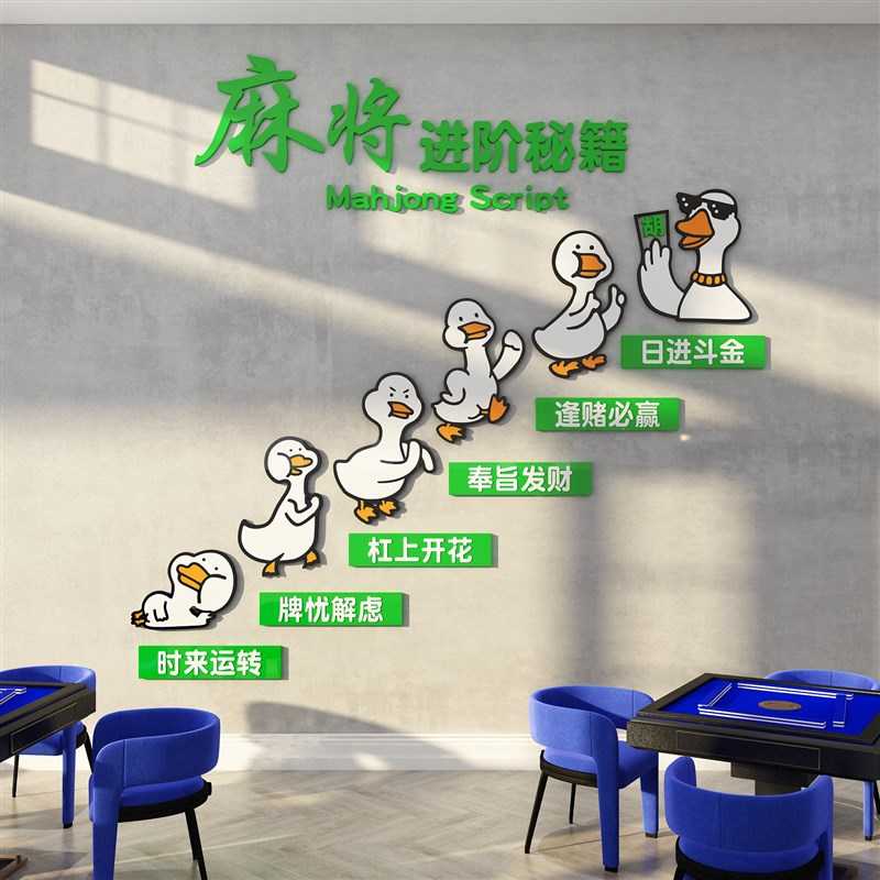 网红楼梯墙面麻将馆装饰用品棋牌室布置摆件麻雀房间背景贴纸挂画