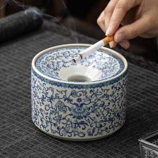 汝窑青花漏斗式烟灰缸o带盖防飞灰家用客厅时尚潮流高级感大号烟