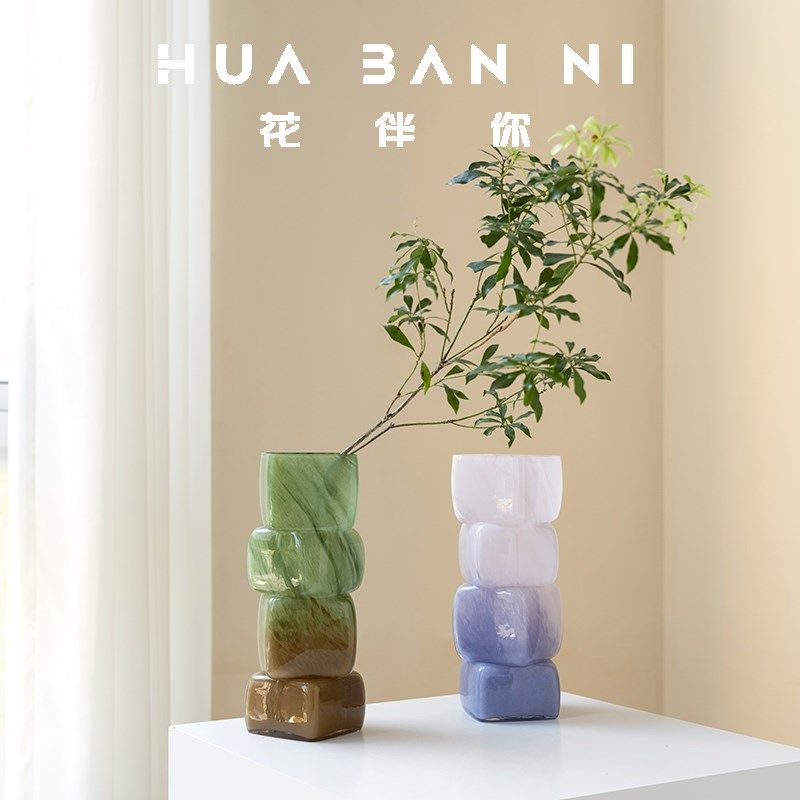 中古风渐变蓝色几何方块花瓶餐桌软装酒店电视柜台面装饰玻璃摆件