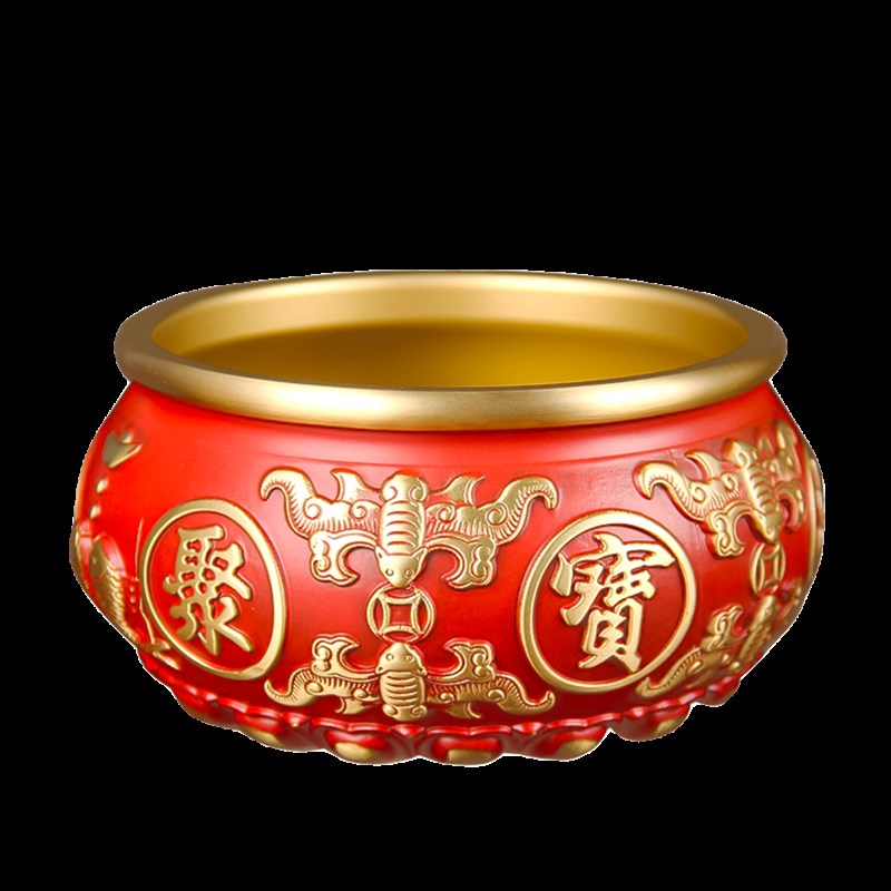 红色聚宝盆黄铜摆件家居r八福招财玄关客厅电视柜办公黄铜米缸全