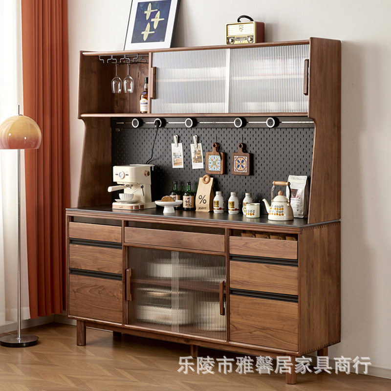 北美黑胡桃木全实木餐边柜岩板靠墙高柜现代简约樱桃木储物酒柜