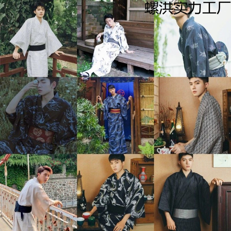 日本和服男武士和服正装剑道黑色顺条纹传统夏日祭花火大会和服