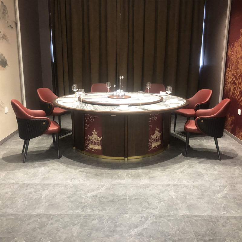 工厂批发酒店岩板餐桌电动大圆桌新中式高档会所火锅包厢桌椅新款