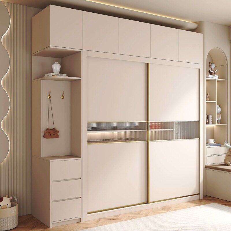 法式奶油风实木推拉门轻奢衣柜现代简约北欧衣橱家用卧室儿童移门