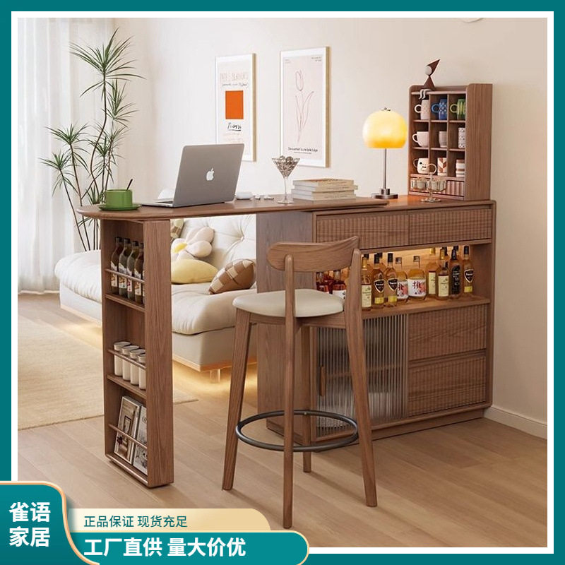 实木吧台桌子家庭客厅伸缩移动一体餐边柜转角储物现代日式岛台桌