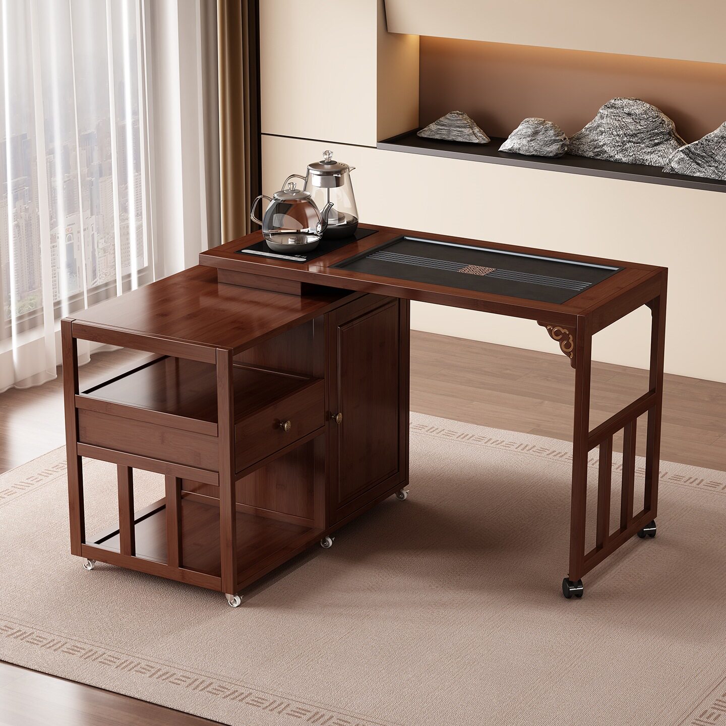 阳台旋转茶桌家用沙发边茶几可移动小型茶台竹木喝茶桌椅组合套装