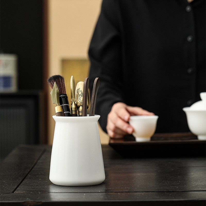 冰种素烧羊脂玉瓷茶道配件六君子茶夹茶勺笔刷茶针六君子