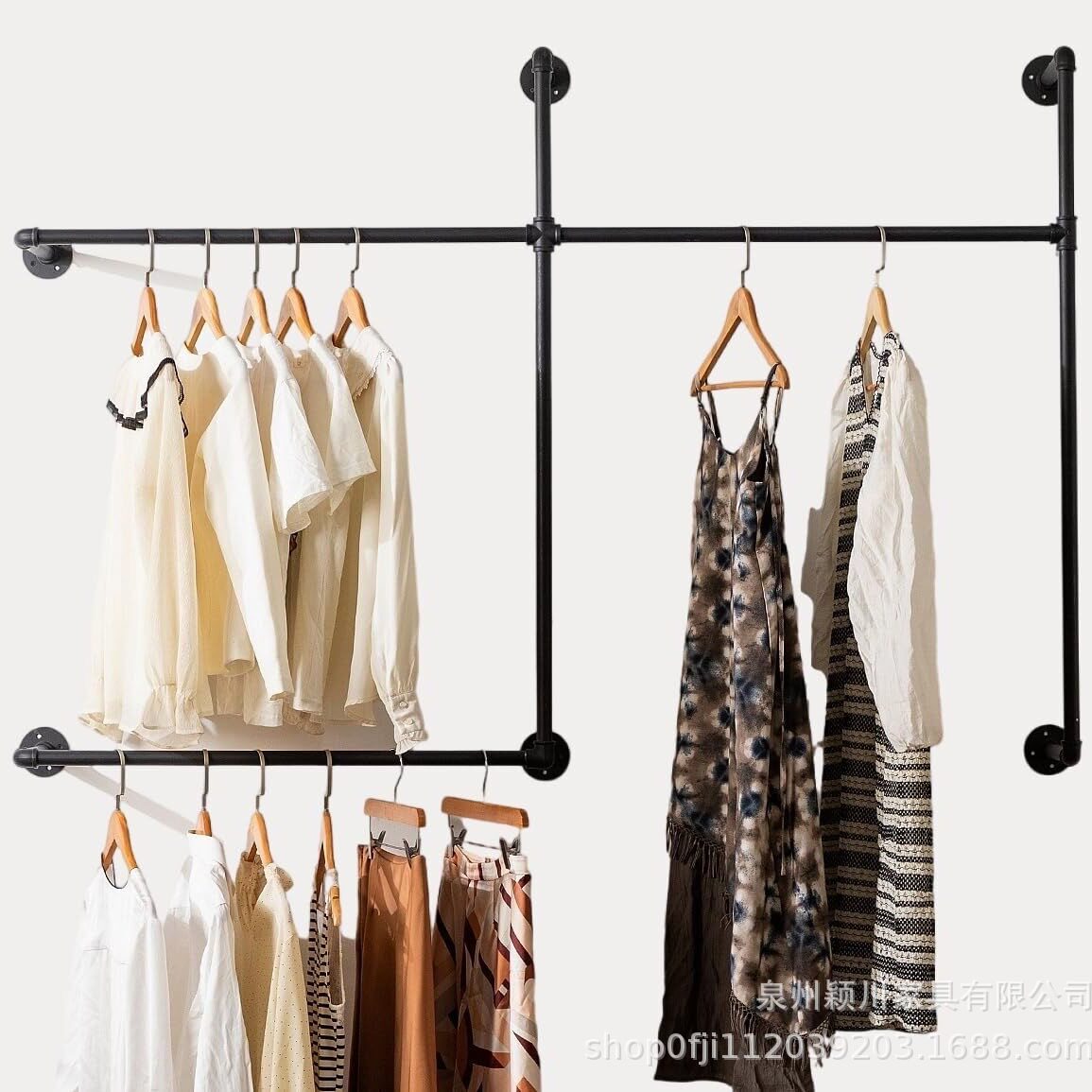 跨境工业风管道上墙衣帽架上墙晾衣架工业风铁艺水管服装店展示架