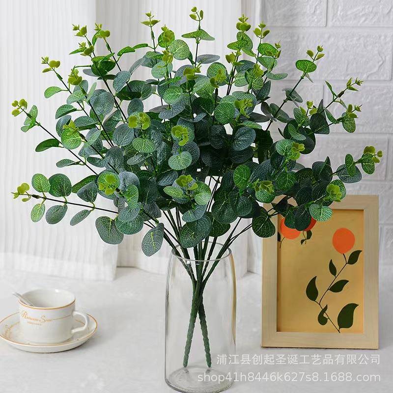仿真尤加利金钱叶把束植物墙家居装饰富源叶自然软装带叶树枝客厅