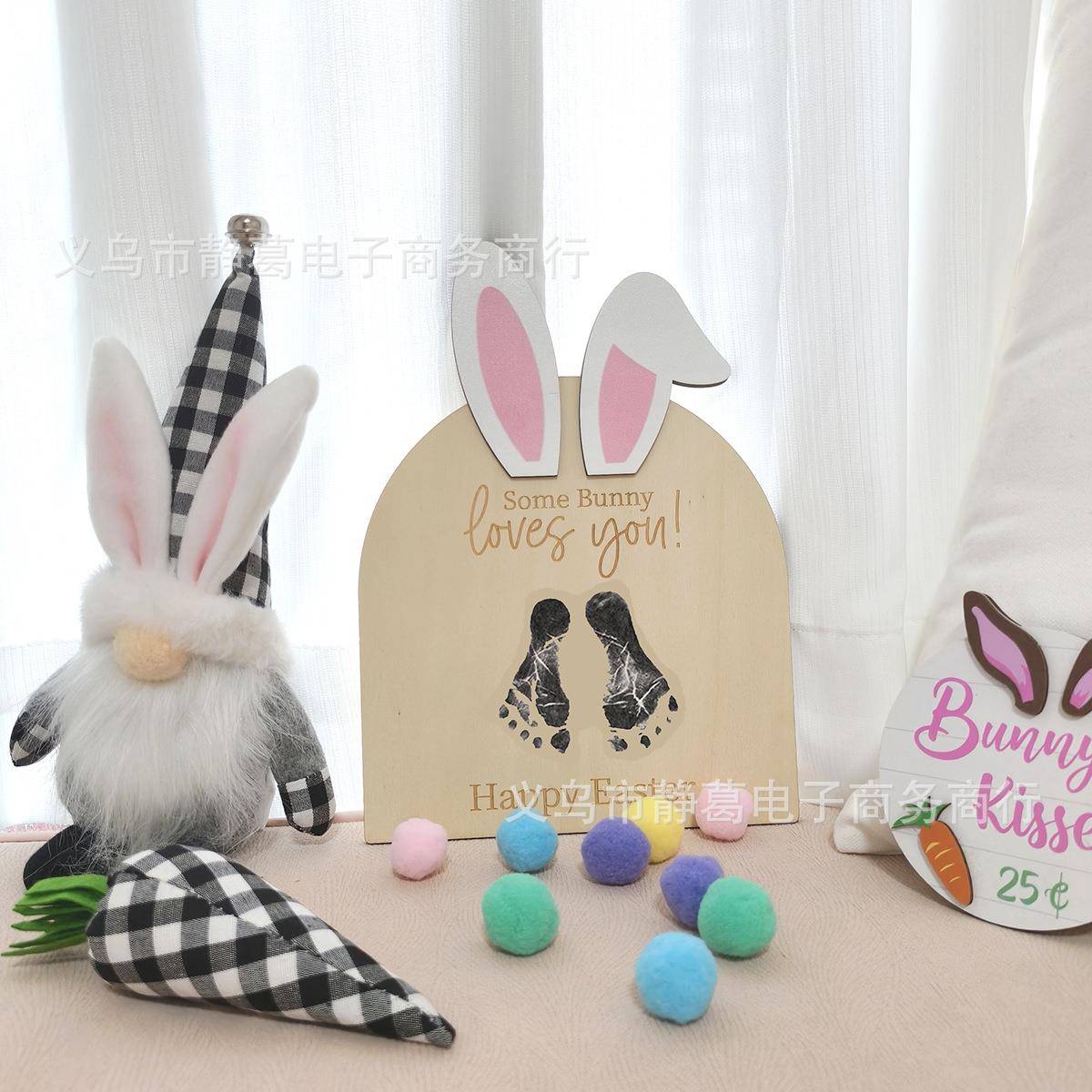 跨境复活节兔子次足迹脚印留念记录木质摆件装饰儿童纪念摆台