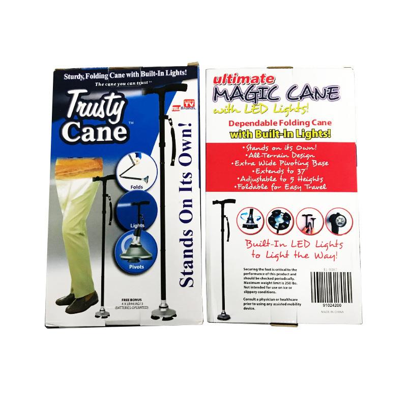 跨境 Magic Cane老年折叠拐杖 铝合金 TV四脚不倒翁登山杖LED带灯