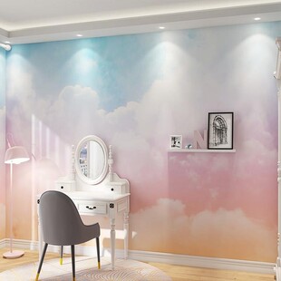 天空白云渐变色彩虹云朵彩色壁纸北欧卧室床头背景墙纸服装 店壁画