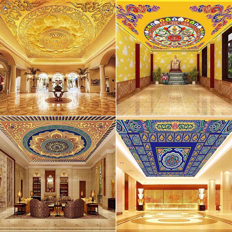 藏式佛堂背景墙纸全屋定制祥云寺庙壁画莲花顶棚吉祥八宝吊顶壁纸