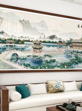 国画园林晨晓图十字绣2023新款线绣客厅大幅风景山水画自己绣手工