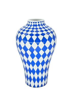 北欧简约蓝色菱格陶瓷花瓶高级感轻奢波点插花器客厅摆件