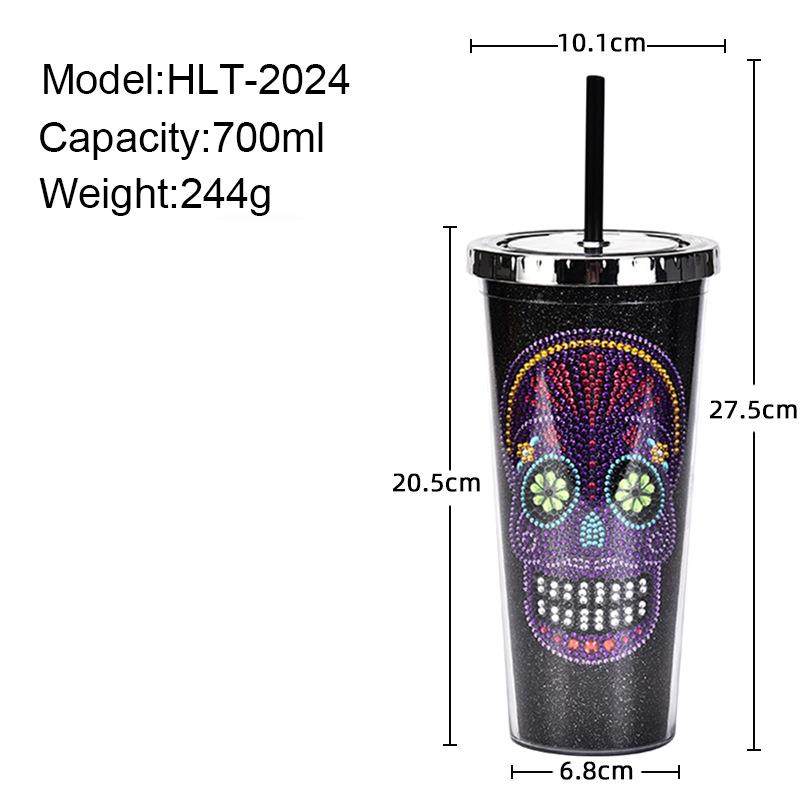 2025双层塑料吸管杯钻石创意骷髅头水杯万圣节大容量饮料杯,户外/登山/野营/旅行用品,水杯,淘宝优惠券,粉丝福利购,淘宝优惠卷