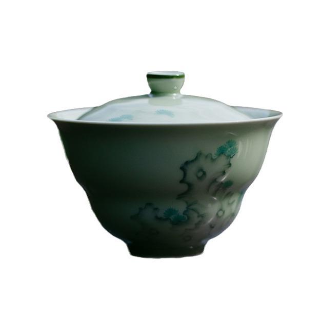 GW青釉下粉手绘太湖彩石苍翠葫觅芦薄绽放盖碗手工胎不烫手