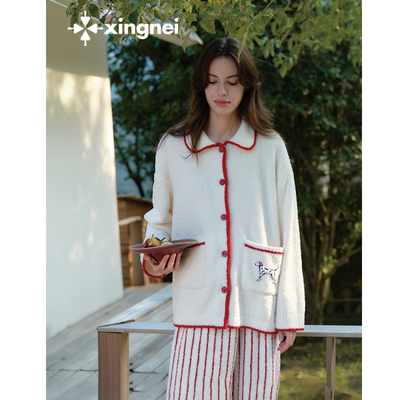 形内女半边绒加绒条纹睡衣套装