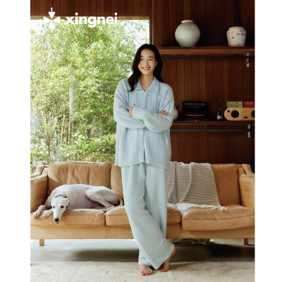 形内条纹半边绒家居服套装