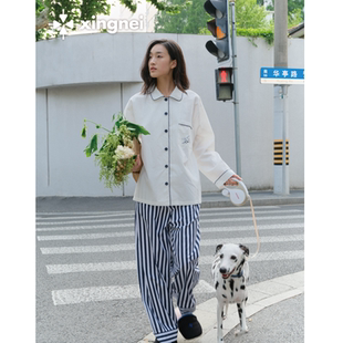 形内睡衣女条纹白色古巴领2025新款 家居服 高级感春秋季 可外穿套装