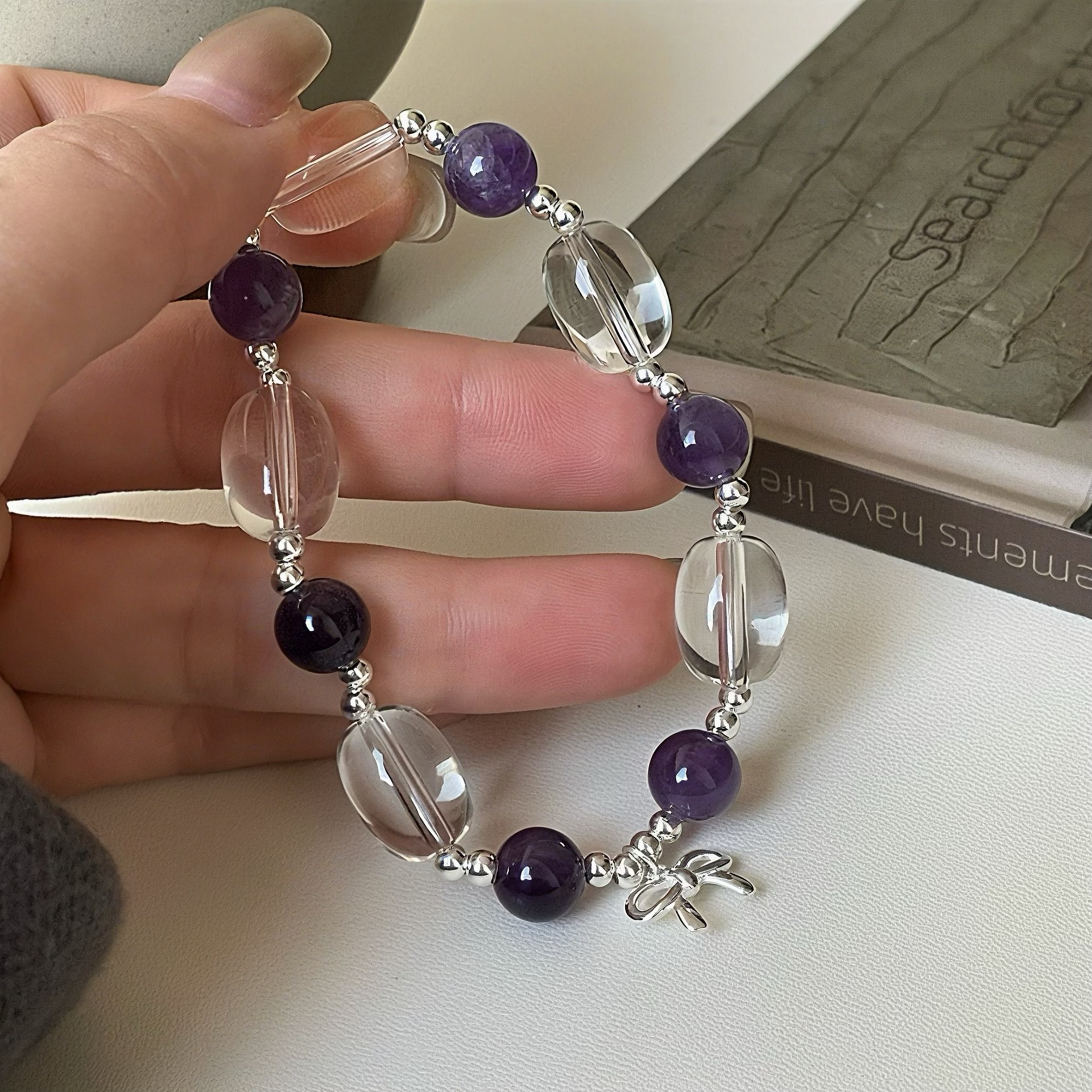 纯银蝴蝶结紫水晶手链