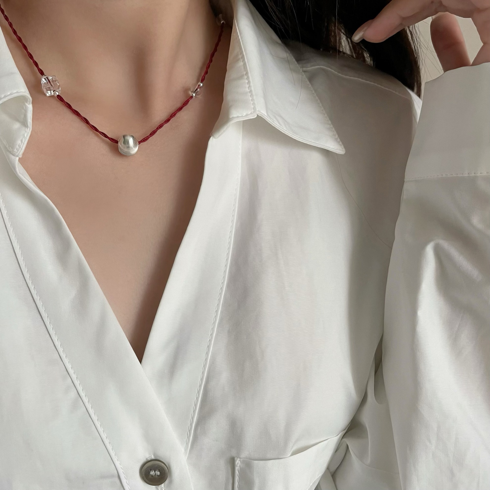 纯银猫眼水晶银珠串珠项链