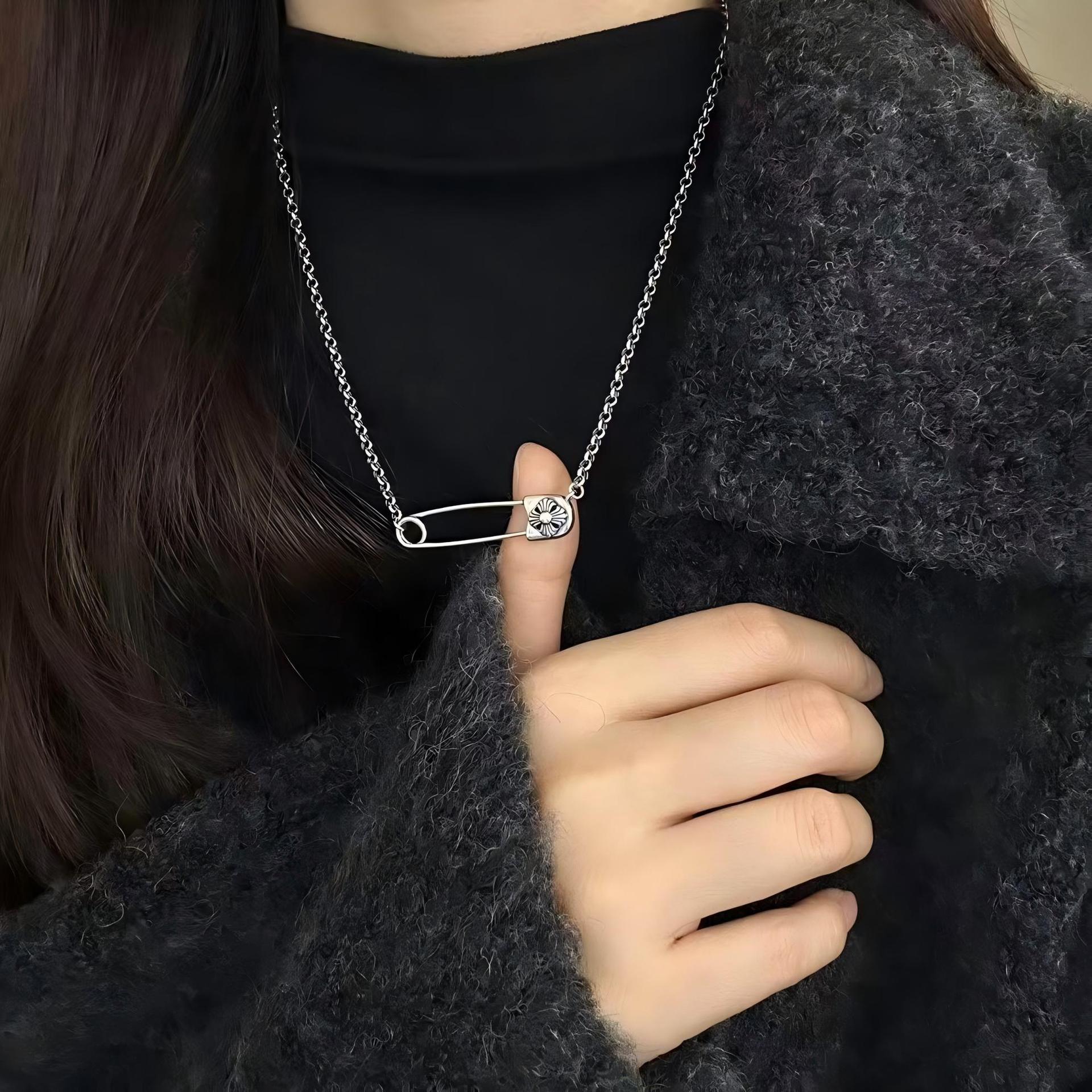 纯银十字花别针项链小众时尚