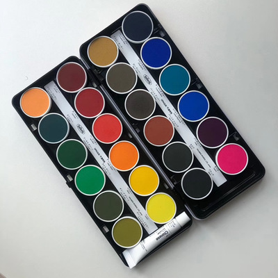 荷尔拜因HB圆盘红盒透明/不透明蛋糕彩12/24色固体水彩颜料红铁盒