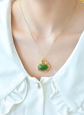 s925银镶和田玉碧玉如意锁吊坠玉石挂件颈饰天然石绿色精致10854