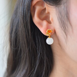 s925银镶和田玉10厘珠银杏叶耳坠新中式 白玉天然耳饰品耳钉2905