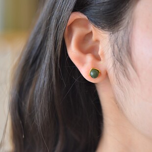 s925银镶和田玉6厘珠子耳钉圆形简约耳饰女士送礼气质优雅2907