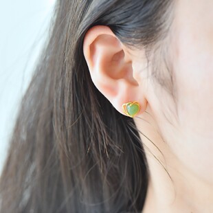 s925银镶和田玉碧玉心形耳钉新中式 轻奢精致耳饰金色爱心12443