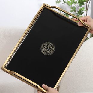现代高级感收纳茶盘 北欧风轻奢铜本色玻璃托盘茶几茶具桌面欧式