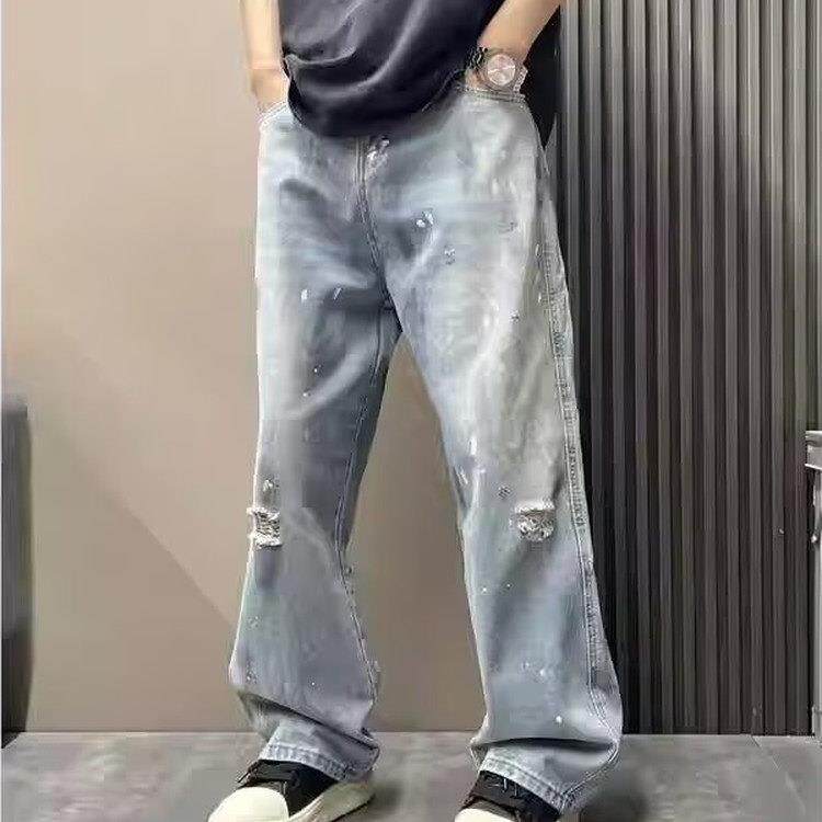 泼墨猫须拉丝漆点美式Vibe风水洗磨白牛仔裤男浅蓝色宽松直筒阔腿