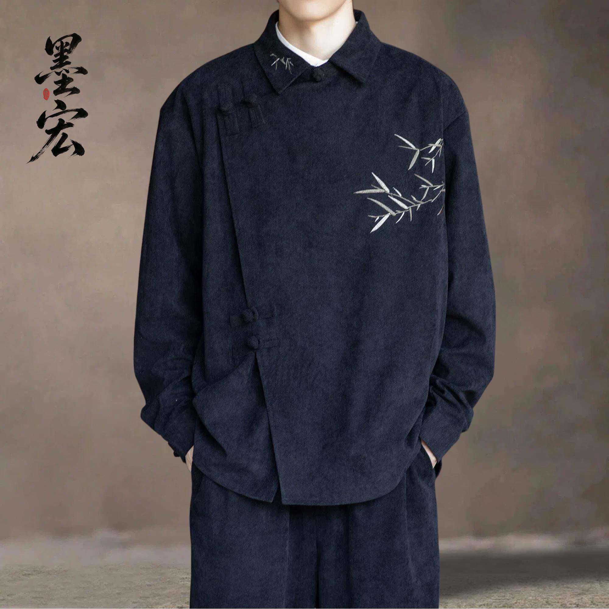 新中式灯芯绒衬衫男春秋斜门襟盘扣中国风长袖条绒衬衣竹叶刺绣