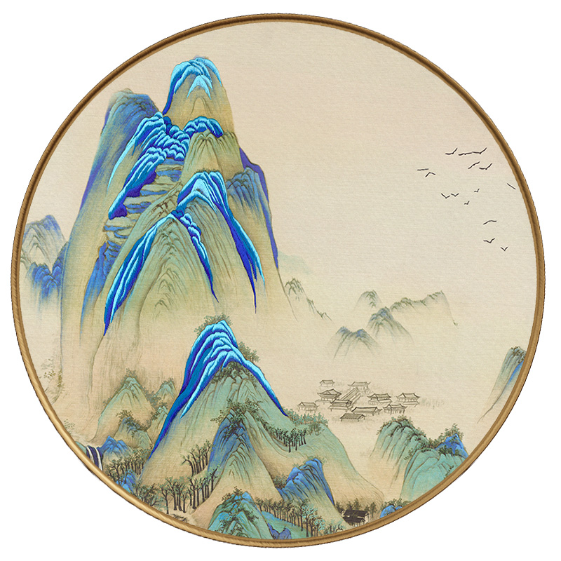 现货速发刺绣千里江山图新中式玄关装饰画餐厅圆形挂画客厅山水画图片