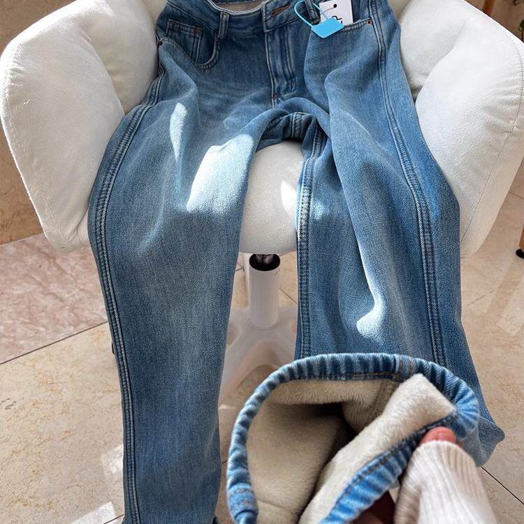 复古窄版加绒牛仔裤女2024新款秋冬宽松直筒小个子梨型身材阔腿裤