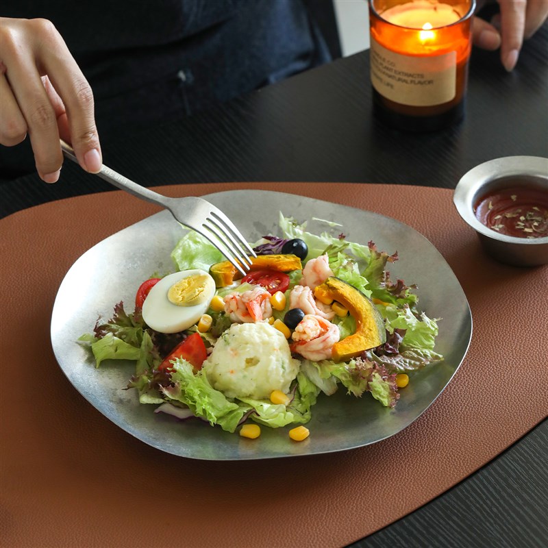 覆古创意果盘不锈钢盘子r高级感异形盘圆形盘做旧雪花灰餐盘西餐