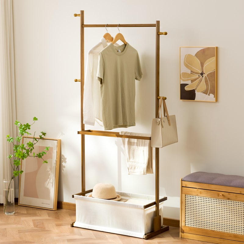 卧室落地阳台家用挂衣架移动晾衣C杆楠竹衣帽架柜房间收纳置物架