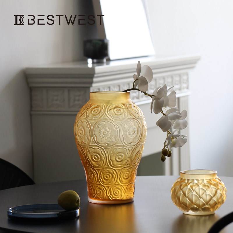 中古花瓶琉璃磨砂玻璃花器摆件客厅插花瓶L轻奢高级感水培鲜花花