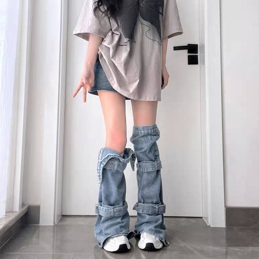 日本品质牛仔腿套辣妹女亚文化小众设计长筒袜y2k个性绑带百搭堆