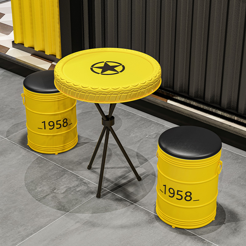 厂促工业风复古奶茶店桌椅铁艺油桶沙发圆凳轮胎创意洽谈卡座茶几
