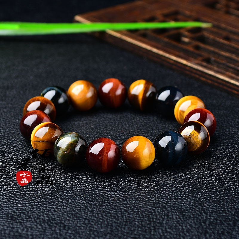 天然虎眼石单圈手链蓝红黄三色彩虎睛石木变石情侣款水晶手串
