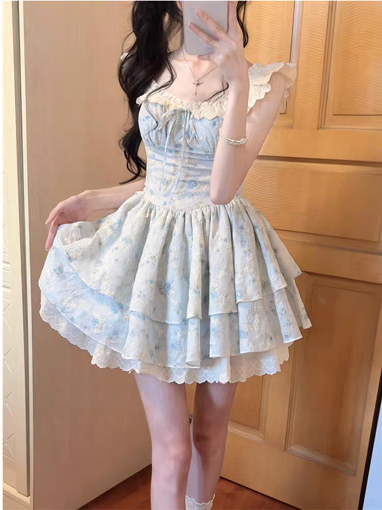 樱织花翎小飞袖蓬蓬裙碎花连衣裙女夏日绝美公主裙收腰绿色裙子