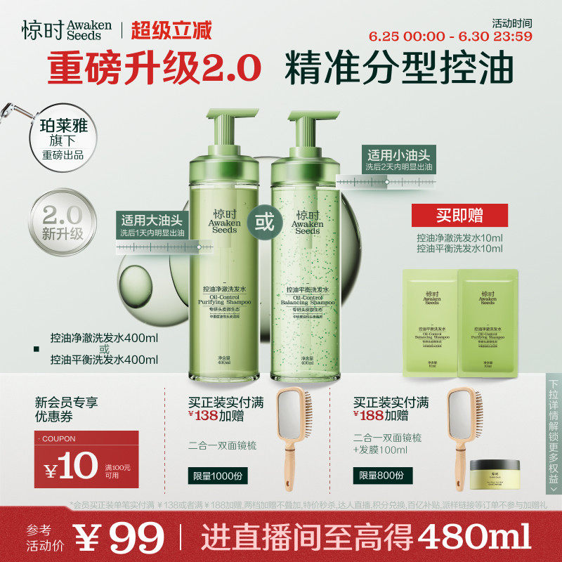 【重磅上新】珀莱雅旗下惊时控油洗发水2.0升级大小油头分型修护