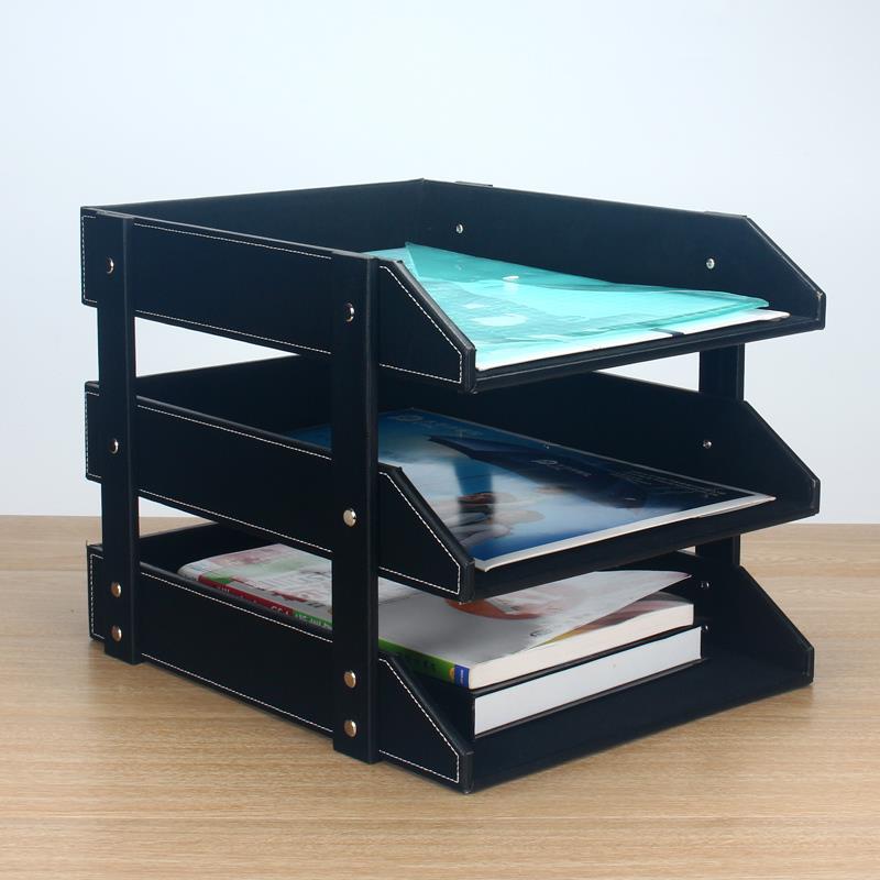 创意皮革三层a4文件架 资料架 办公室桌面收纳盒 文件框书架用品